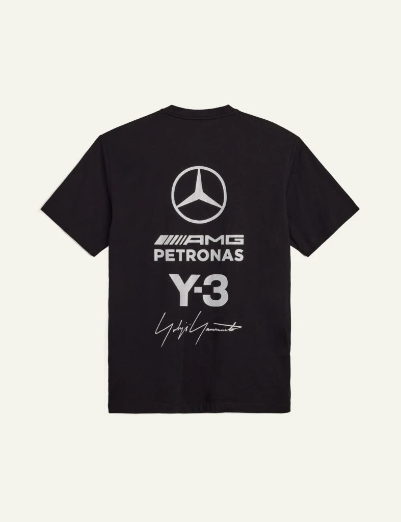 Y-3 Mercedes Logo Stack tee black short sleeve crewneck back flat view