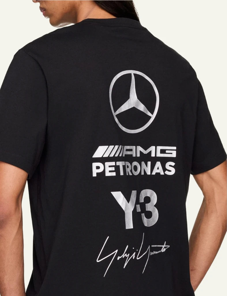 Y-3 Mercedes Logo Stack tee black short sleeve crewneck detail view
