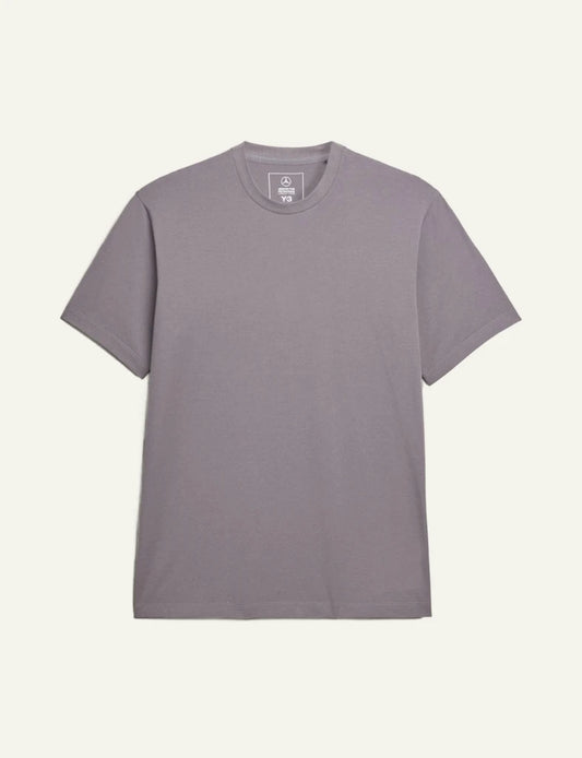 Y-3 Mercedes Logo Stack tee grey short sleeve crewneck front flat view