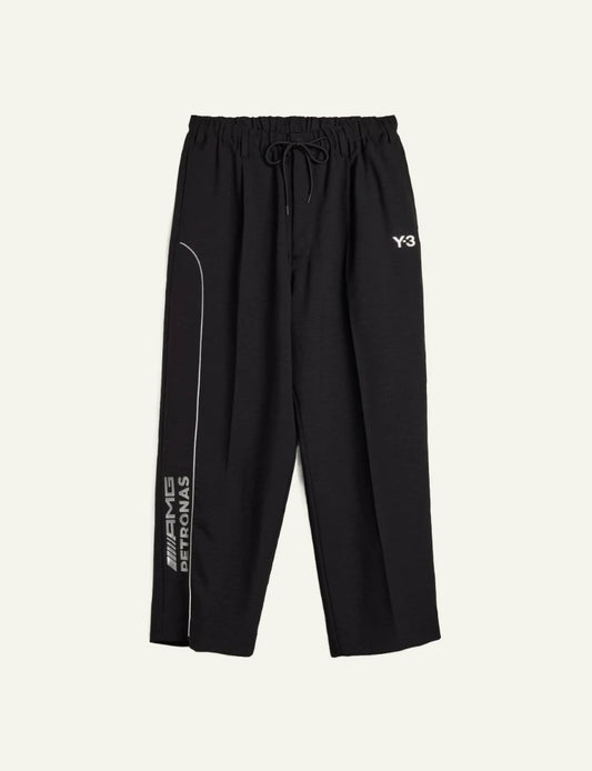 Y-3 Mercedes Track Pants Black wide leg front view logo detail front flat view