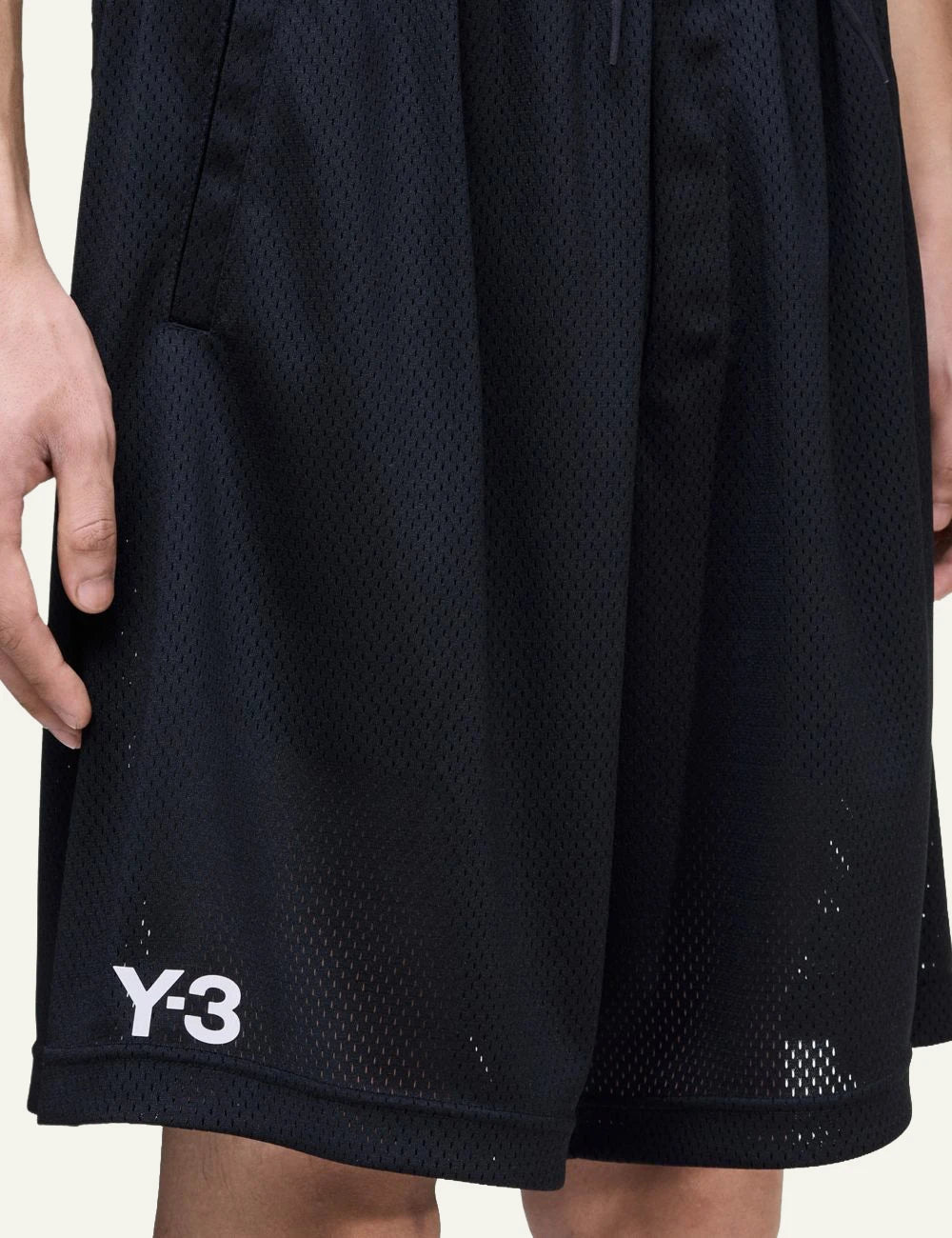 Y-3 mesh shorts black athletic style front detail logo view