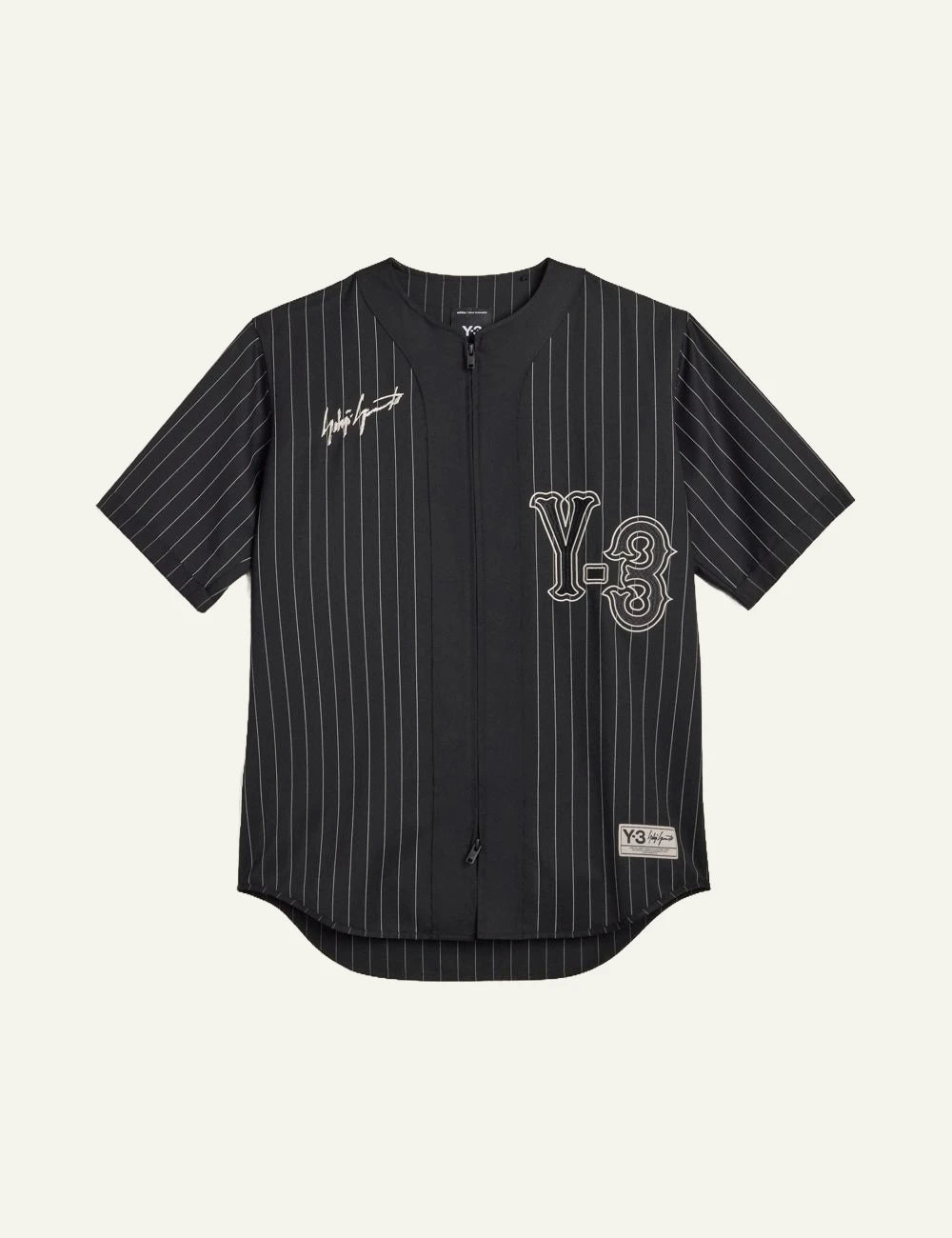 Y-3 pinstripe baseball jersey black short sleeve zip front flat view