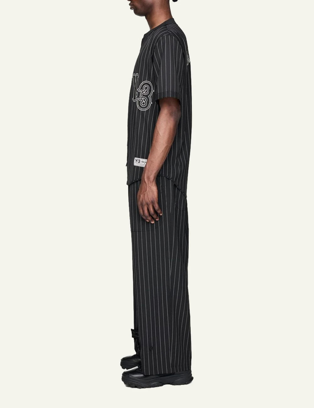 Y-3 pinstripe baseball jersey black short sleeve zip side view