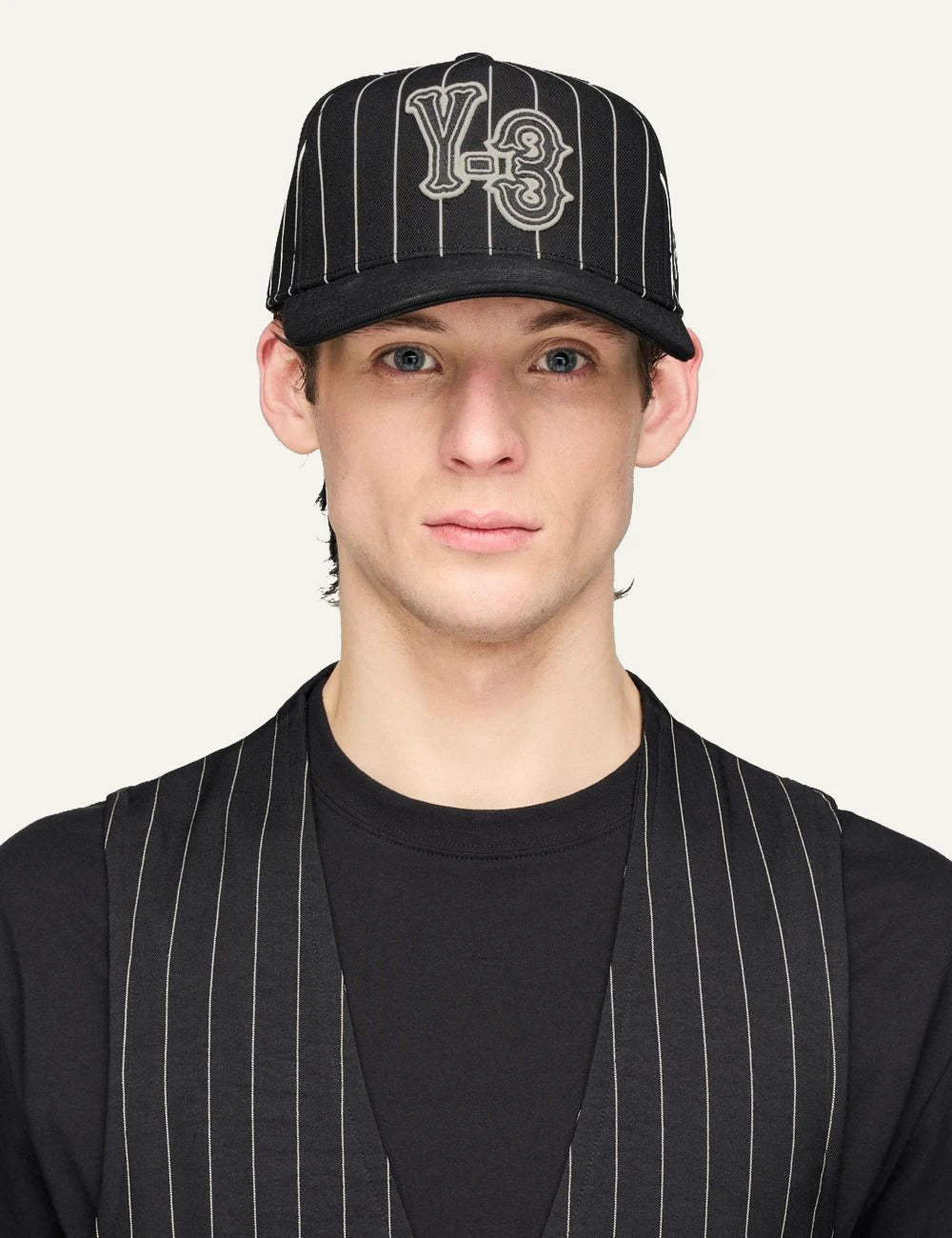 Y-3 Pinstripe cap black baseball hat embroidered logo front view