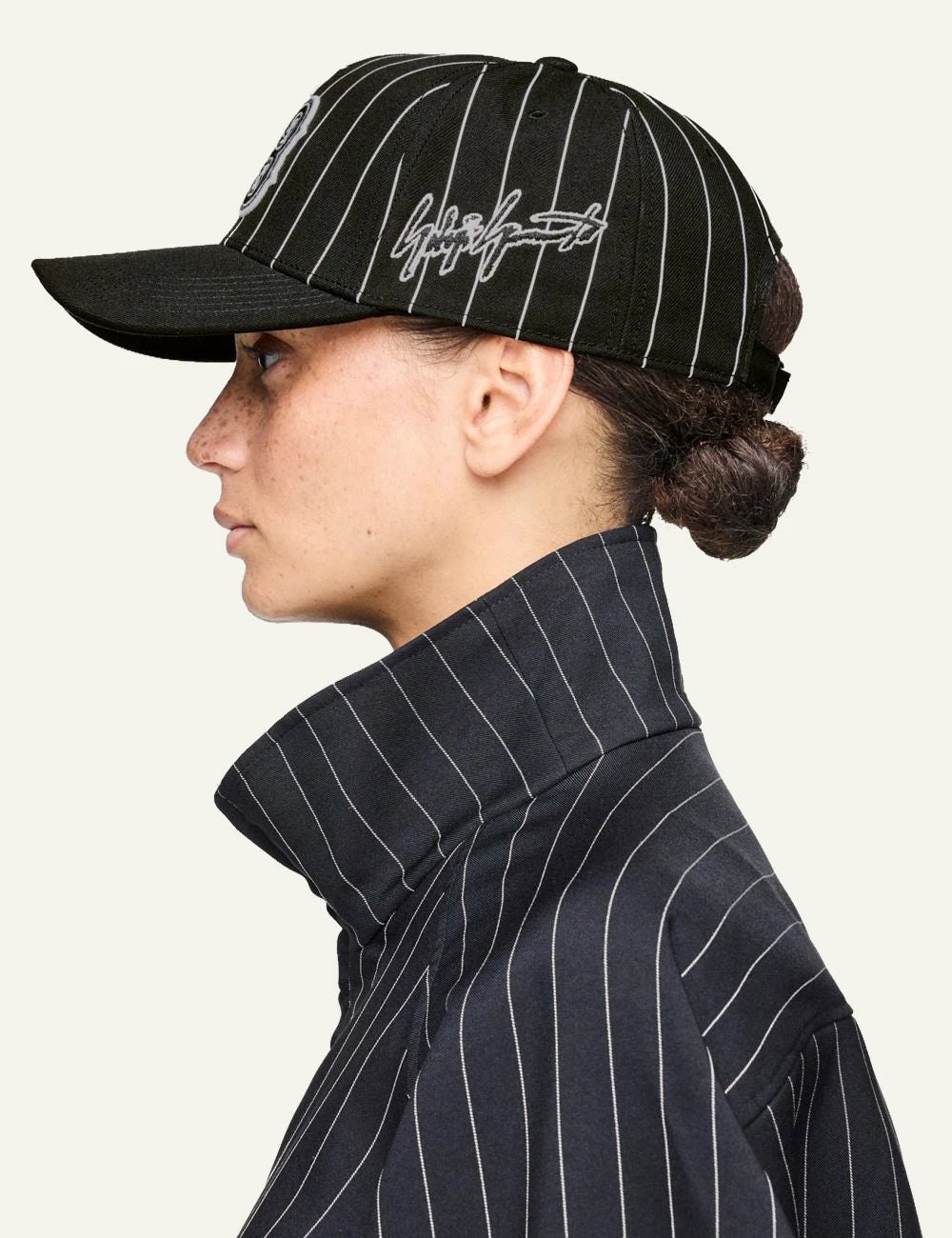 Y-3 Pinstripe cap black baseball hat embroidered logo side model view