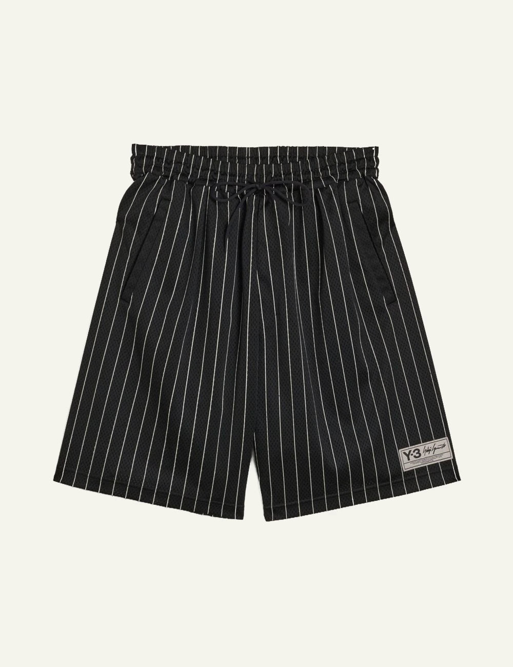 Y-3 pinstripe mesh shorts black basketball style front flat view