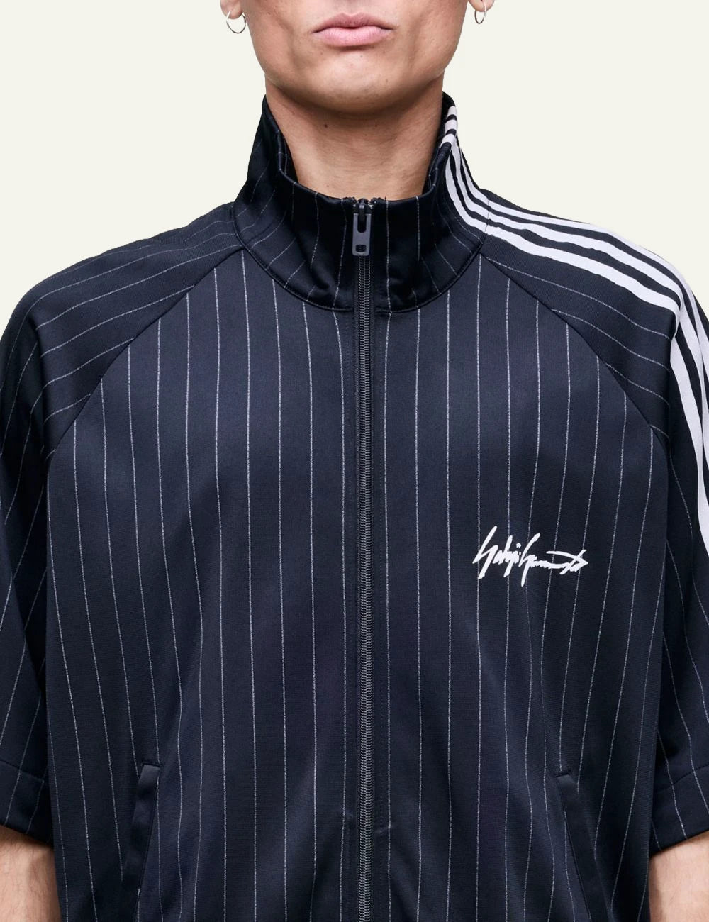 Y-3 pinstripe track jacket black three stripes zip front detail view