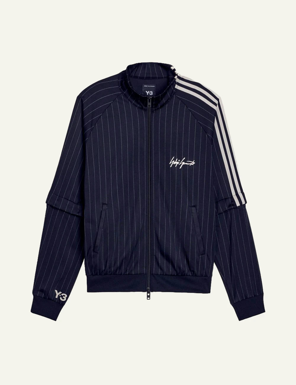 Y-3 pinstripe track jacket black three stripes zip front flat view