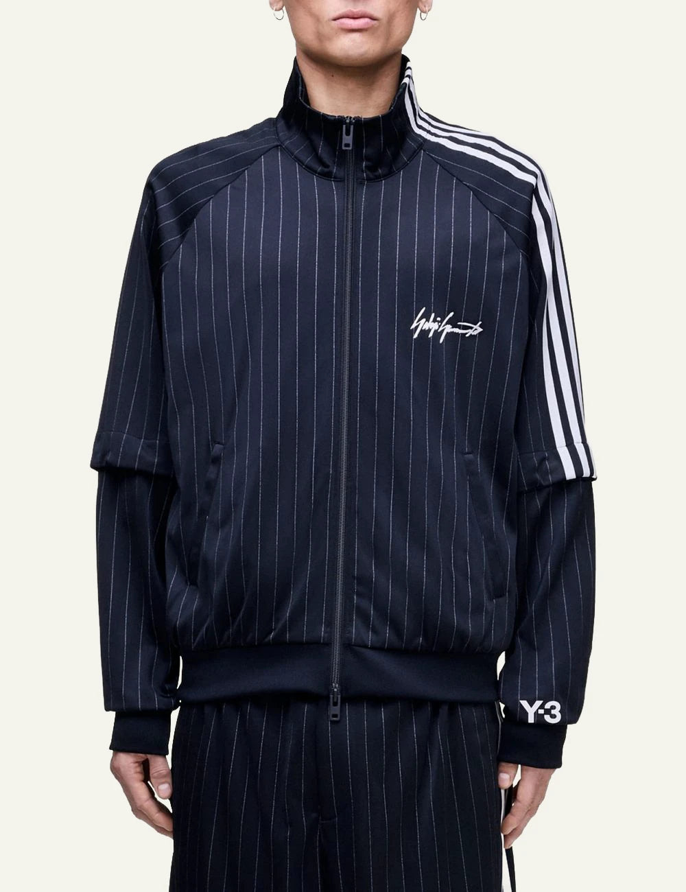 Y-3 pinstripe track jacket black three stripes zip front model view