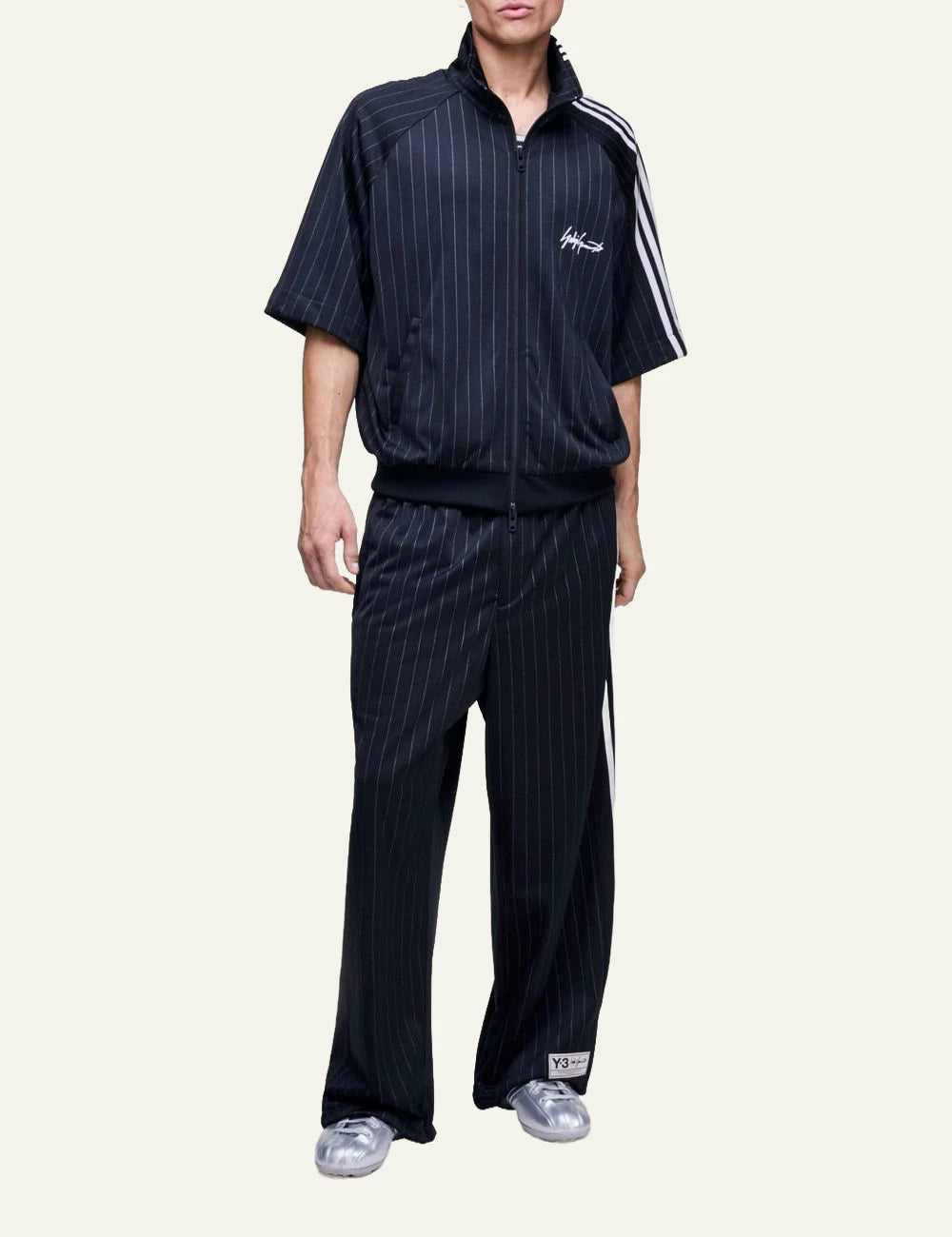 Y-3 pinstripe track jacket black three stripes zip front full body view