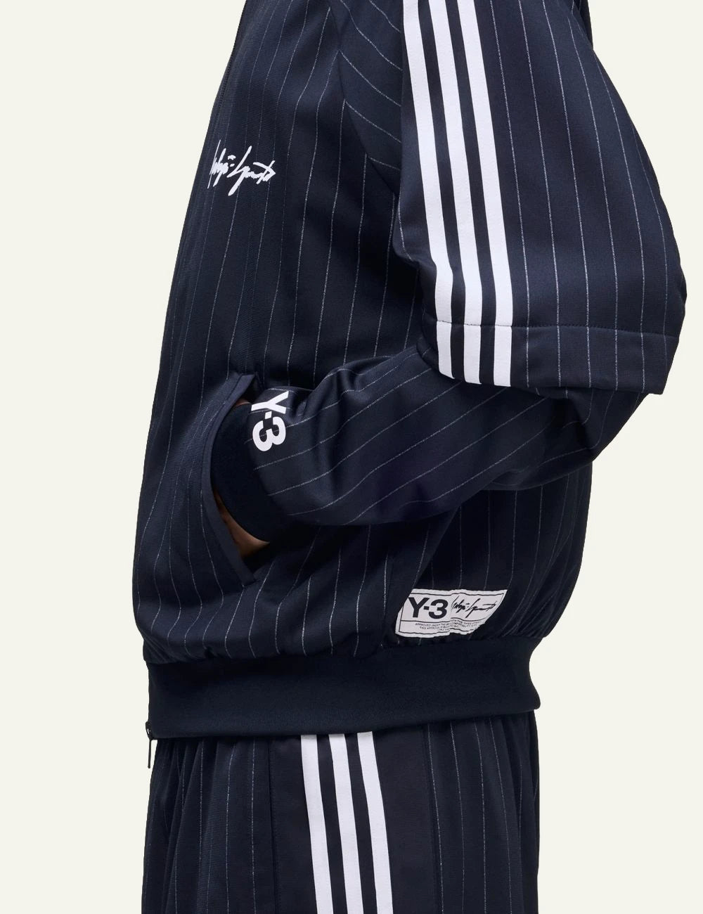Y-3 pinstripe track jacket black three stripes zip side detail view