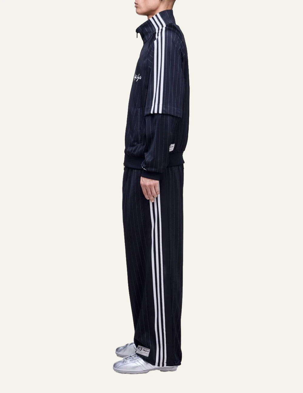 Y-3 pinstripe track jacket black three stripes zip side view