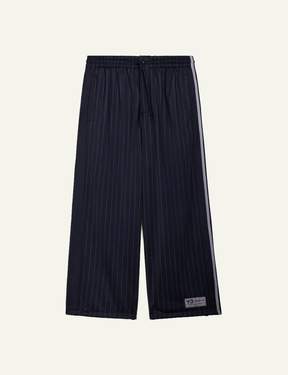 Y-3 pinstripe wide leg pants black basketball style front flat view