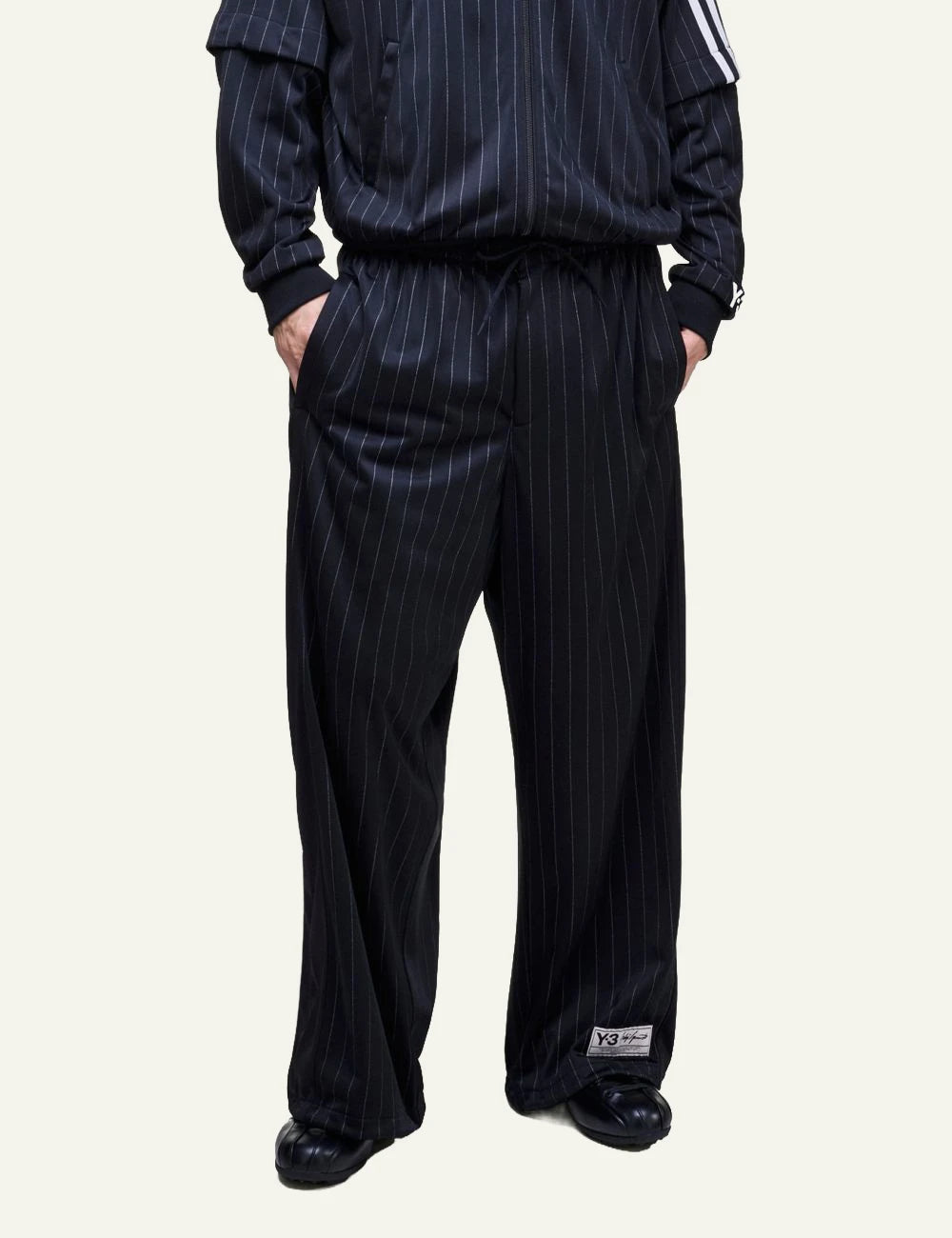 Y-3 pinstripe wide leg pants black basketball style front model view