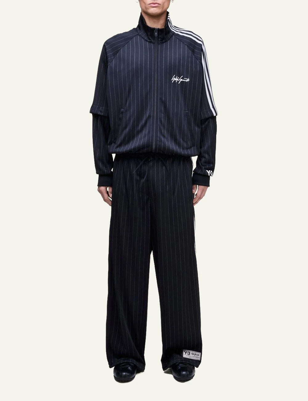 Y-3 pinstripe wide leg pants black basketball style front full body view