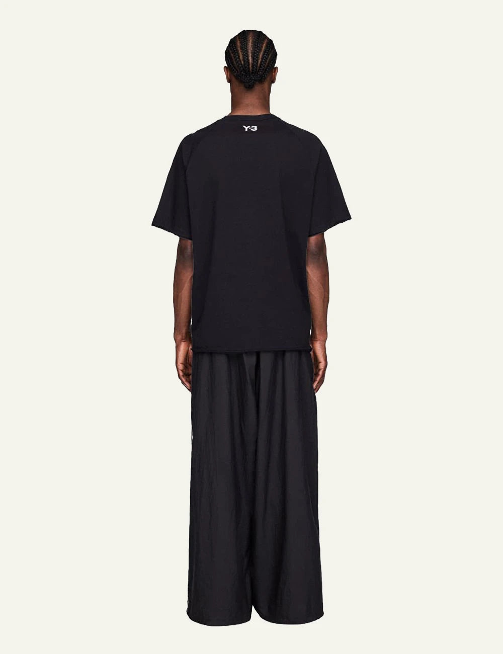 Y-3 wide leg track pants black three stripes back view