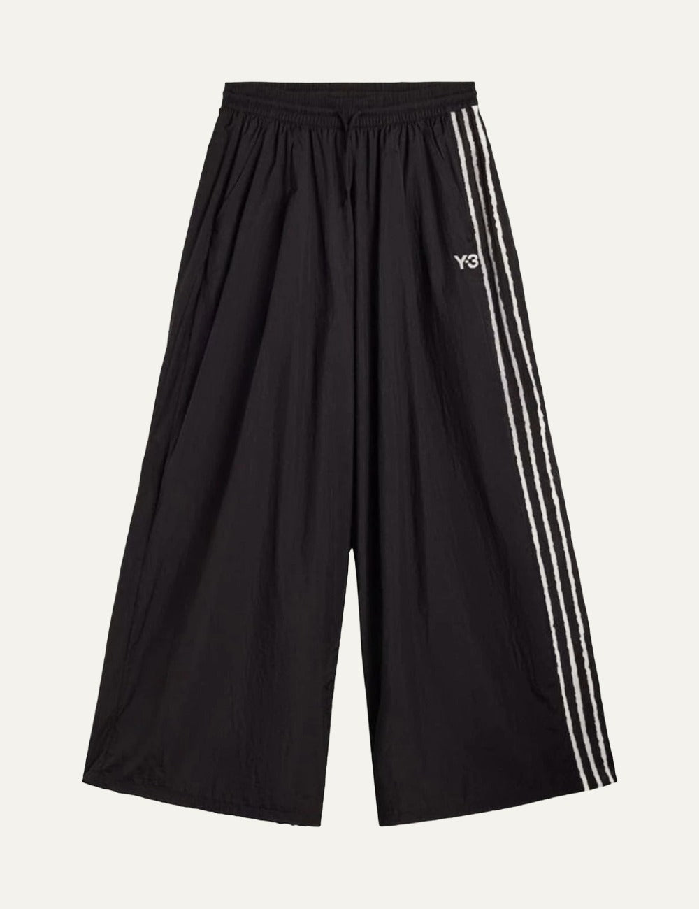 Y-3 wide leg track pants black three stripes front flat view