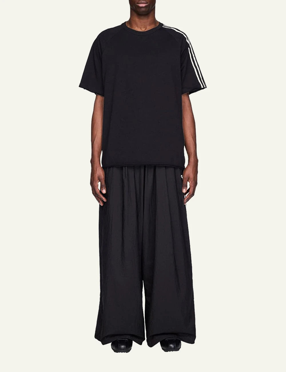 Y-3 wide leg track pants black three stripes front full body view