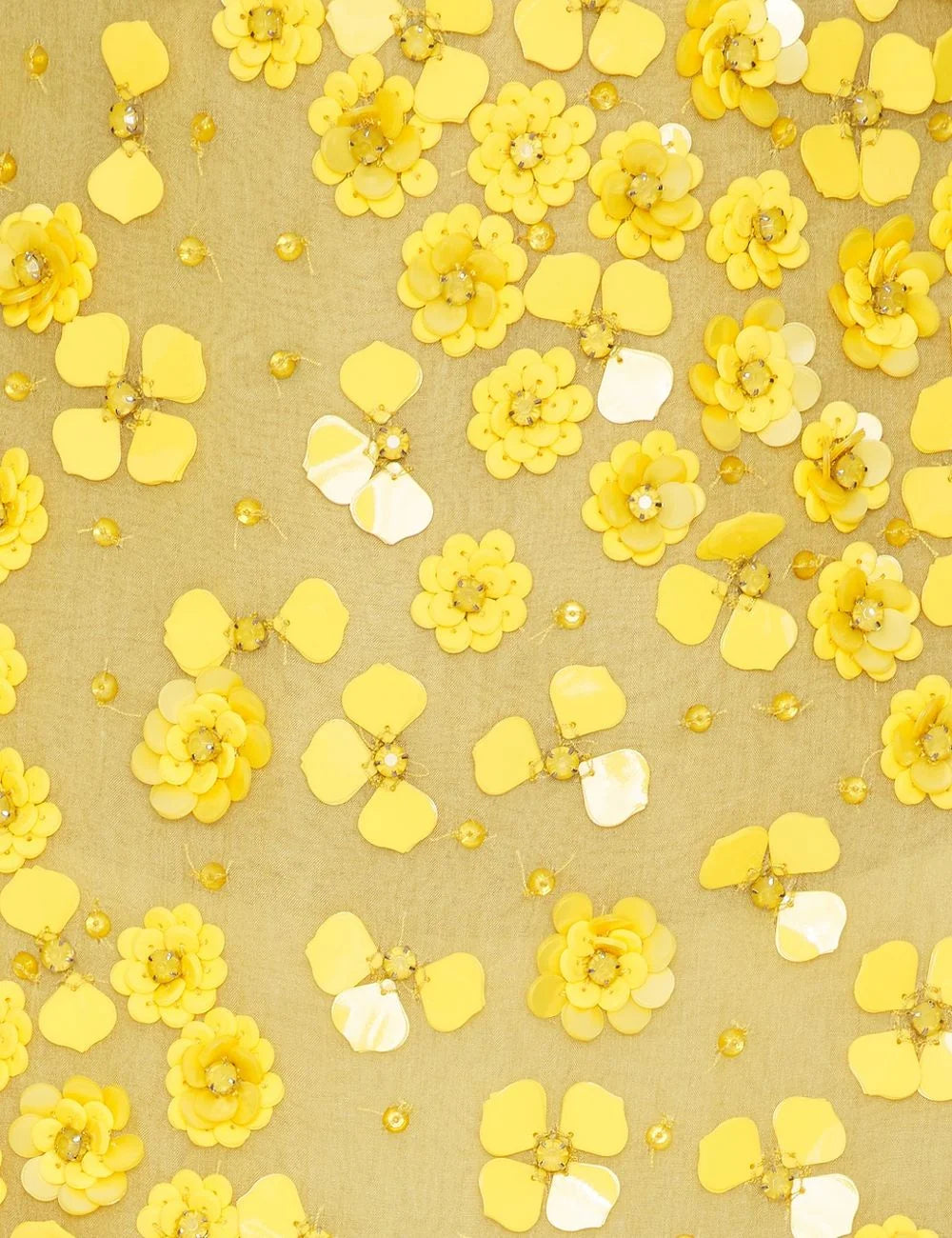 Yellow floral applique fabric detail sheer mesh close up