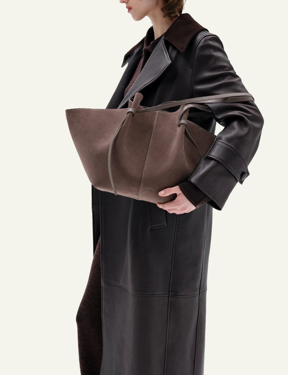 Yuzefi Large Mochi nutmeg suede shoulder tote bag model