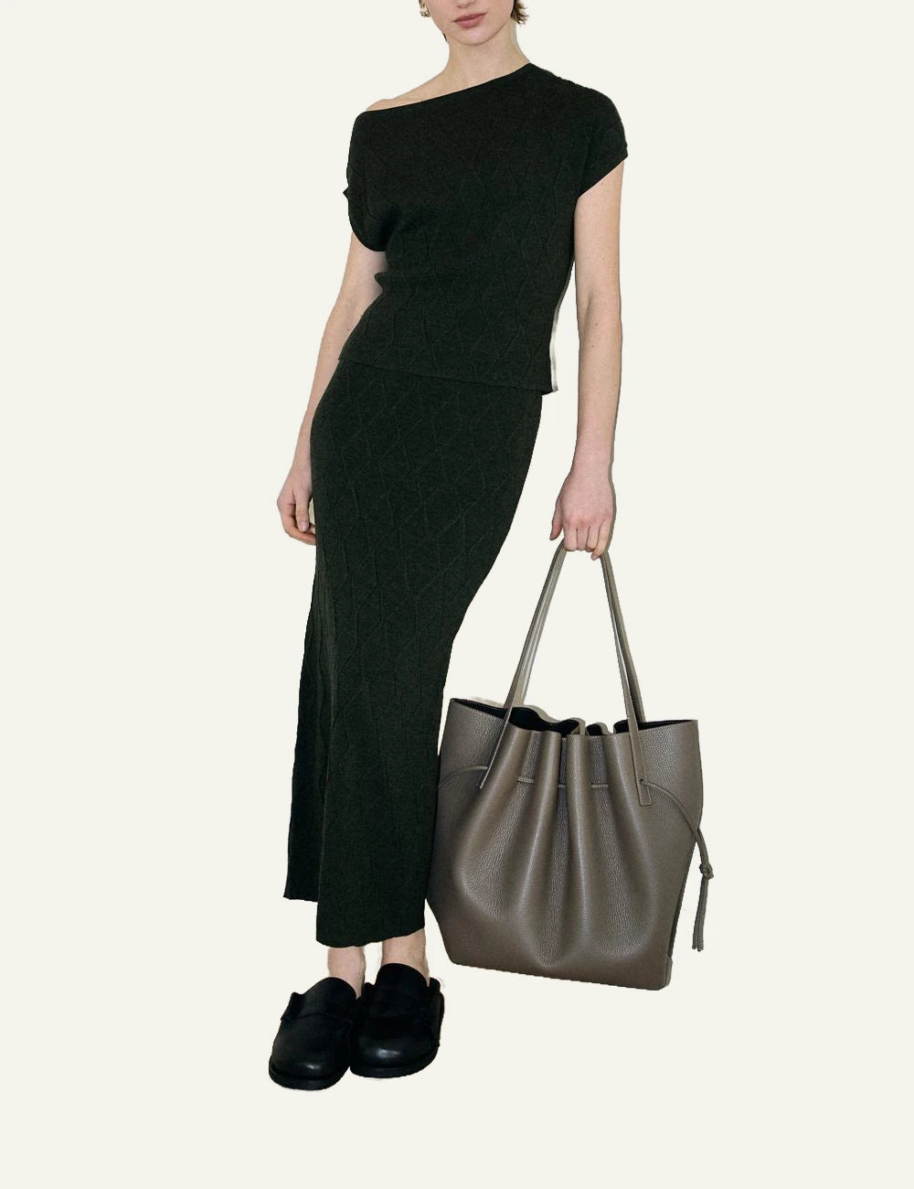 Yuzefi Scallop Tote taupe pebble grain leather tote bag model