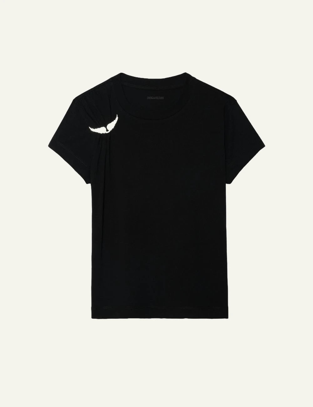 Zadig Voltaire black cotton t-shirt wings brooch pleated shoulder front flat