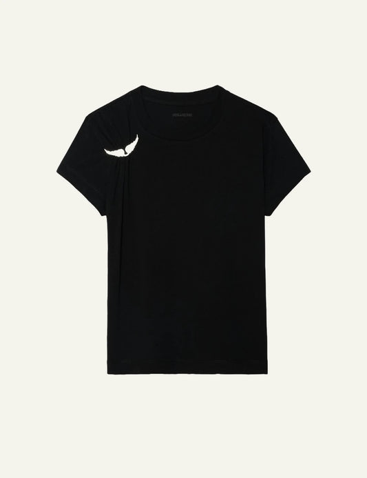 Zadig Voltaire black cotton t-shirt wings brooch pleated shoulder front flat