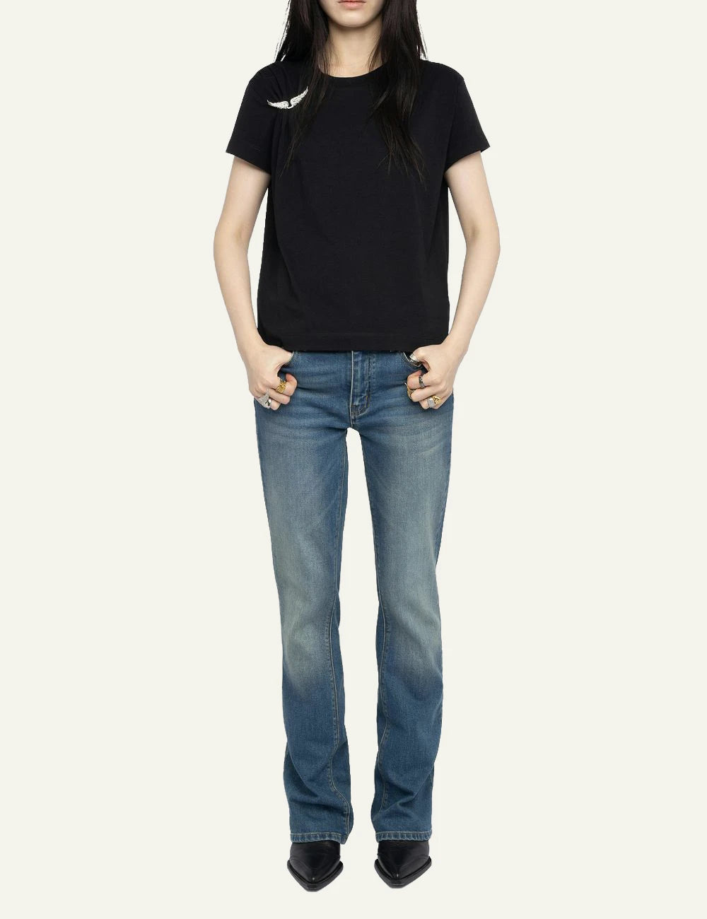 Zadig Voltaire black cotton t-shirt wings brooch pleated shoulder front full body