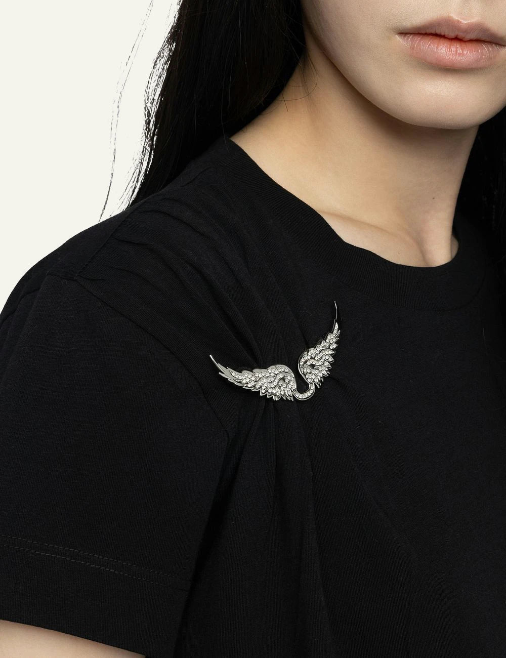 Zadig Voltaire black cotton t-shirt wings brooch pleated shoulder logo