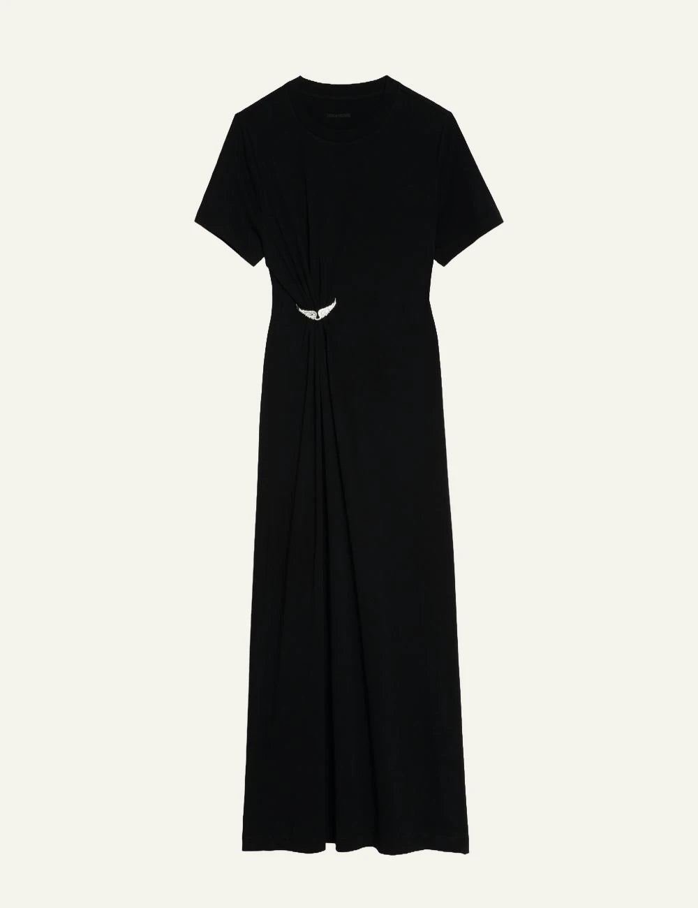 Zadig Voltaire black maxi dress cotton pleated side wings brooch front flat