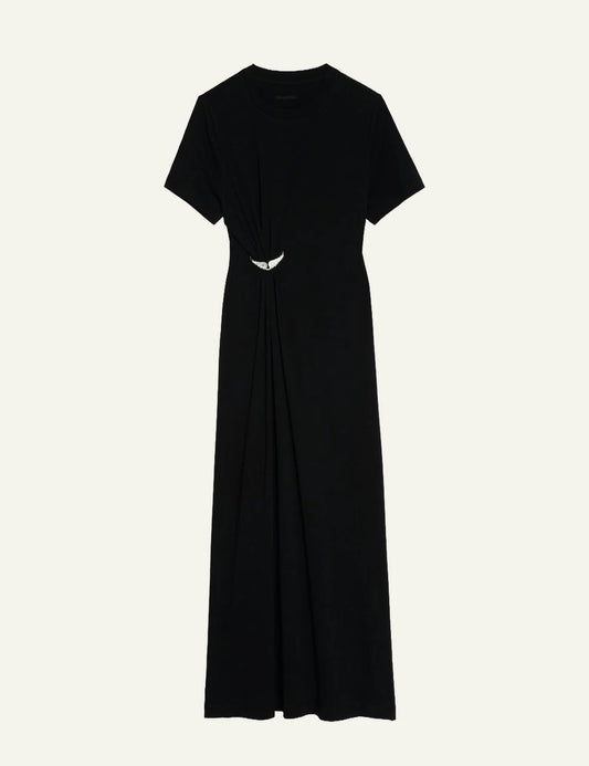 Zadig Voltaire black maxi dress cotton pleated side wings brooch front flat