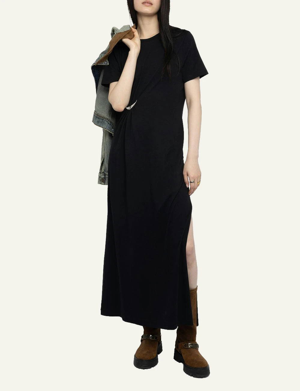 Zadig Voltaire black maxi dress cotton pleated side wings brooch front full body