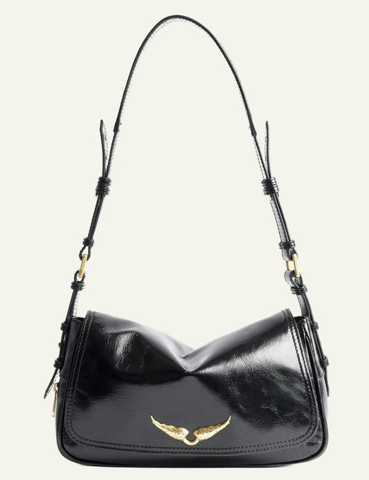 Zadig Voltaire black patent small bag front view gold wings logo