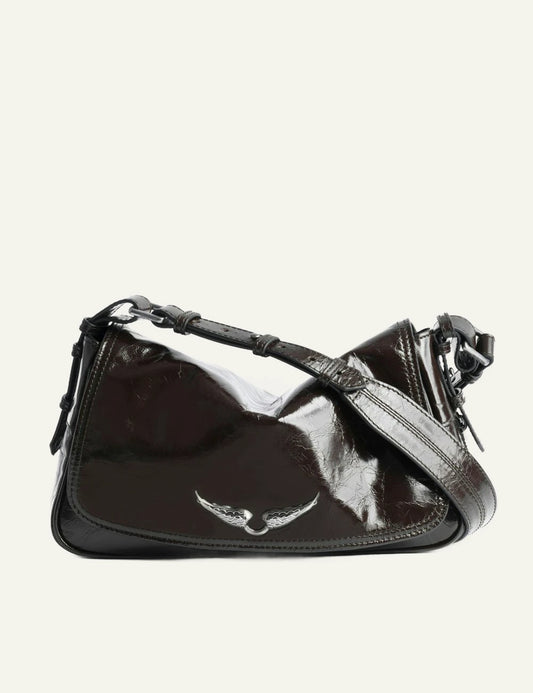 Zadig Voltaire brownie patent small bag front view gold wings 