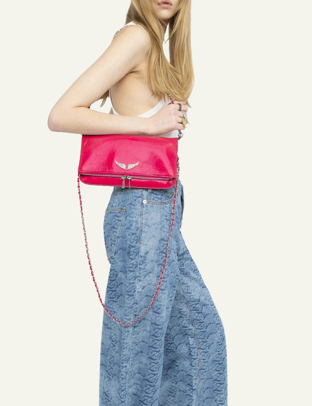 Zadig Voltaire clutch patent leather podium wings front full model view