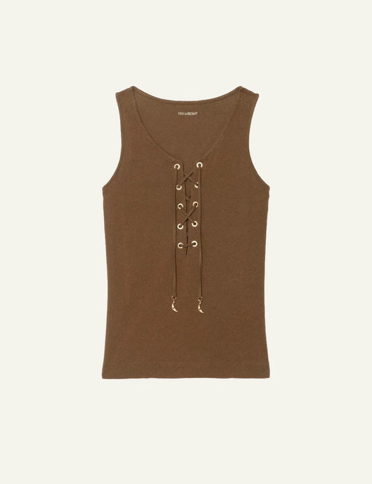 Zadig Voltaire coconut sleeveless top lace up v neck front flat