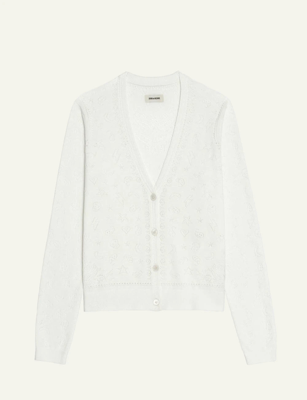 Zadig Voltaire cotton cardigan eggshell pointelle v neck front flat