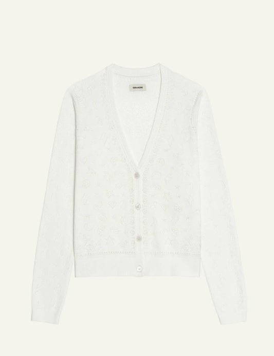 Zadig Voltaire cotton cardigan eggshell pointelle v neck front flat