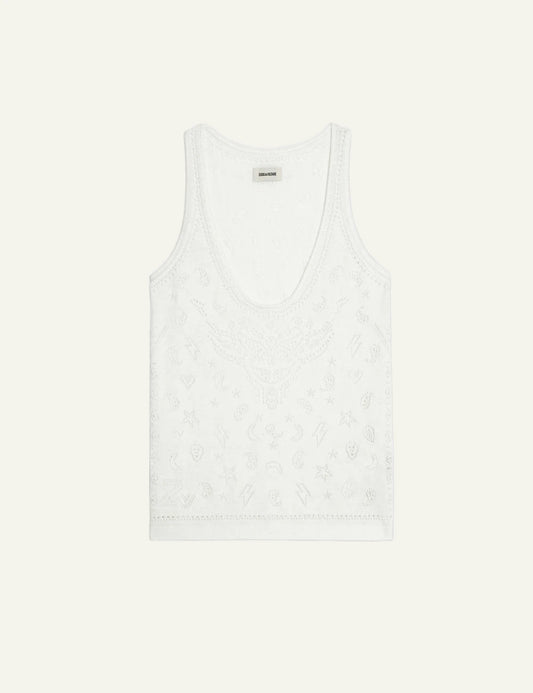 Zadig Voltaire cotton tank top eggshell pointelle bandana motif front flat