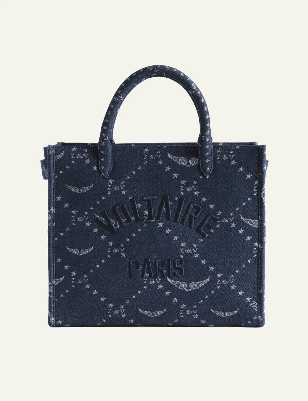 Zadig Voltaire denim tote ZV monogram Voltaire Paris embroidery front view
