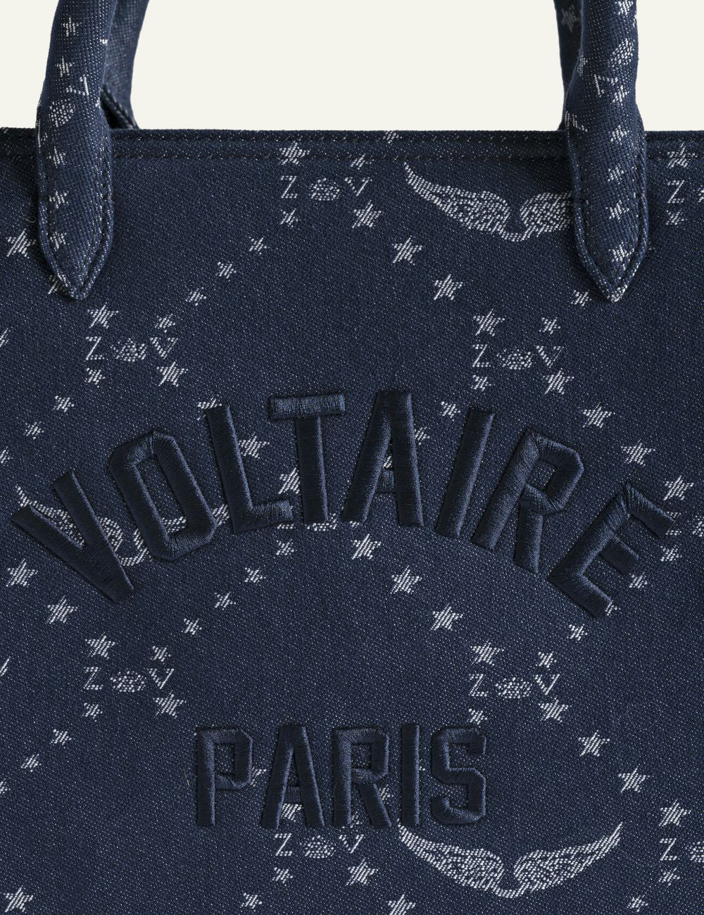 Zadig Voltaire denim tote ZV monogram Voltaire Paris embroidery detail  logo view