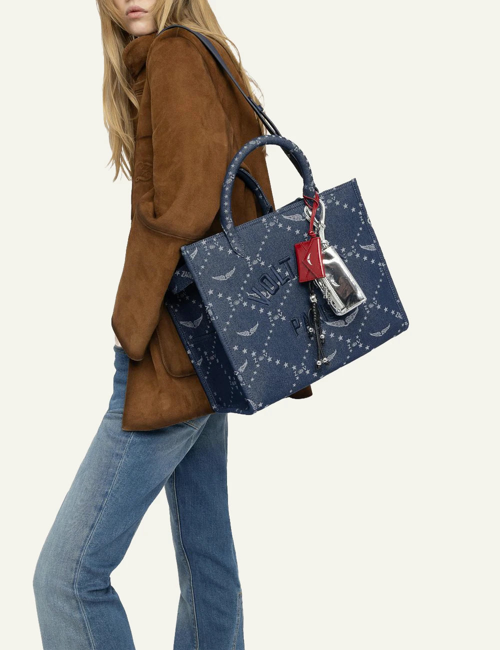 Zadig Voltaire denim tote ZV monogram Voltaire Paris embroidery front model view