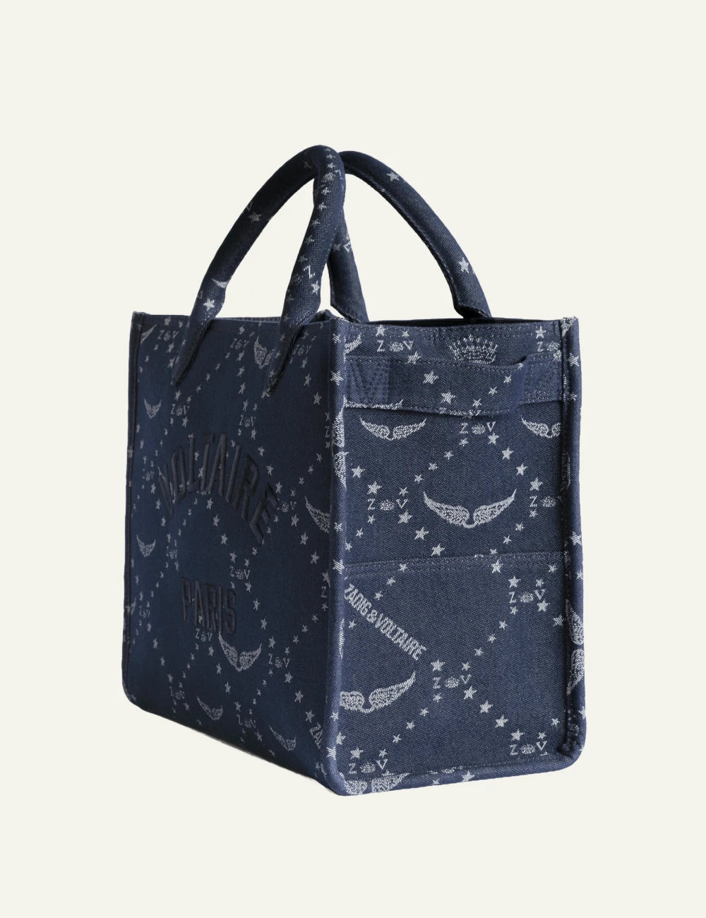 Zadig Voltaire denim tote ZV monogram Voltaire Paris embroidery side view