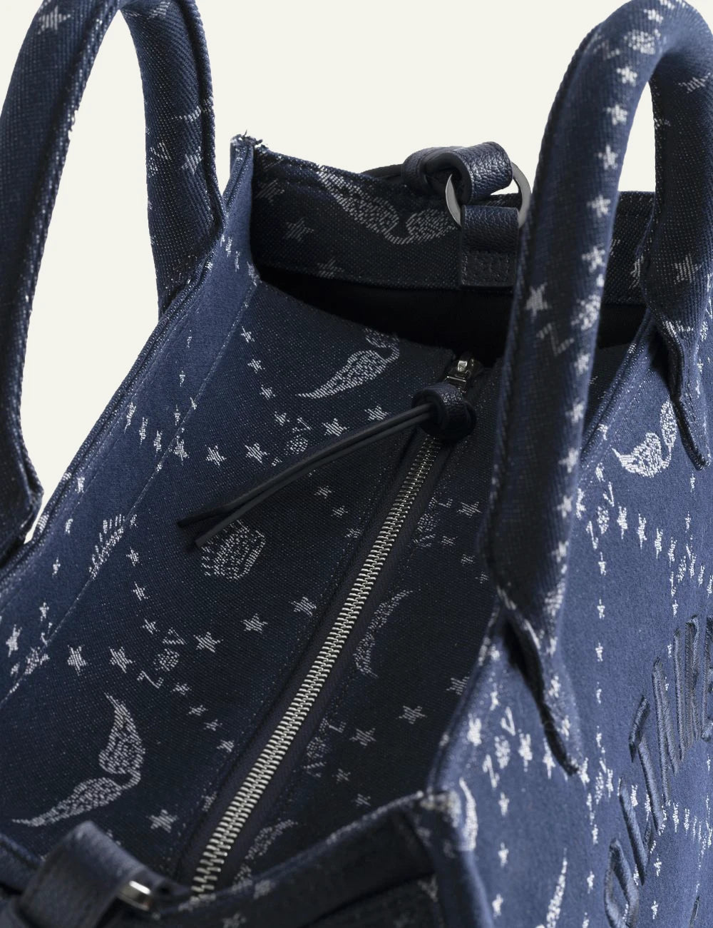 Zadig Voltaire denim tote ZV monogram Voltaire Paris embroidery top view