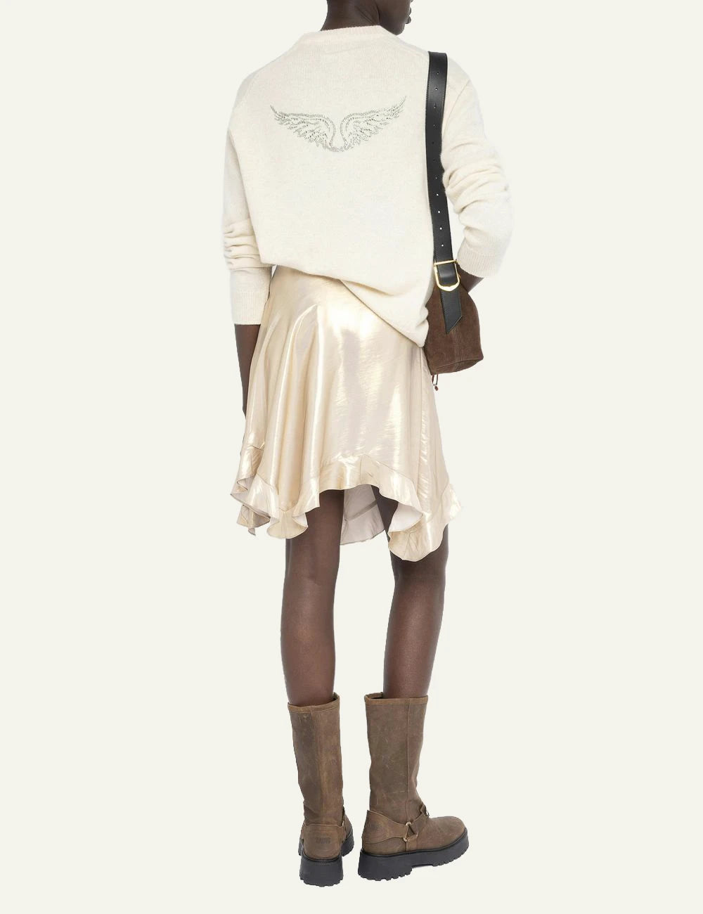 Zadig Voltaire gold satin asymmetric skirt wings belt back