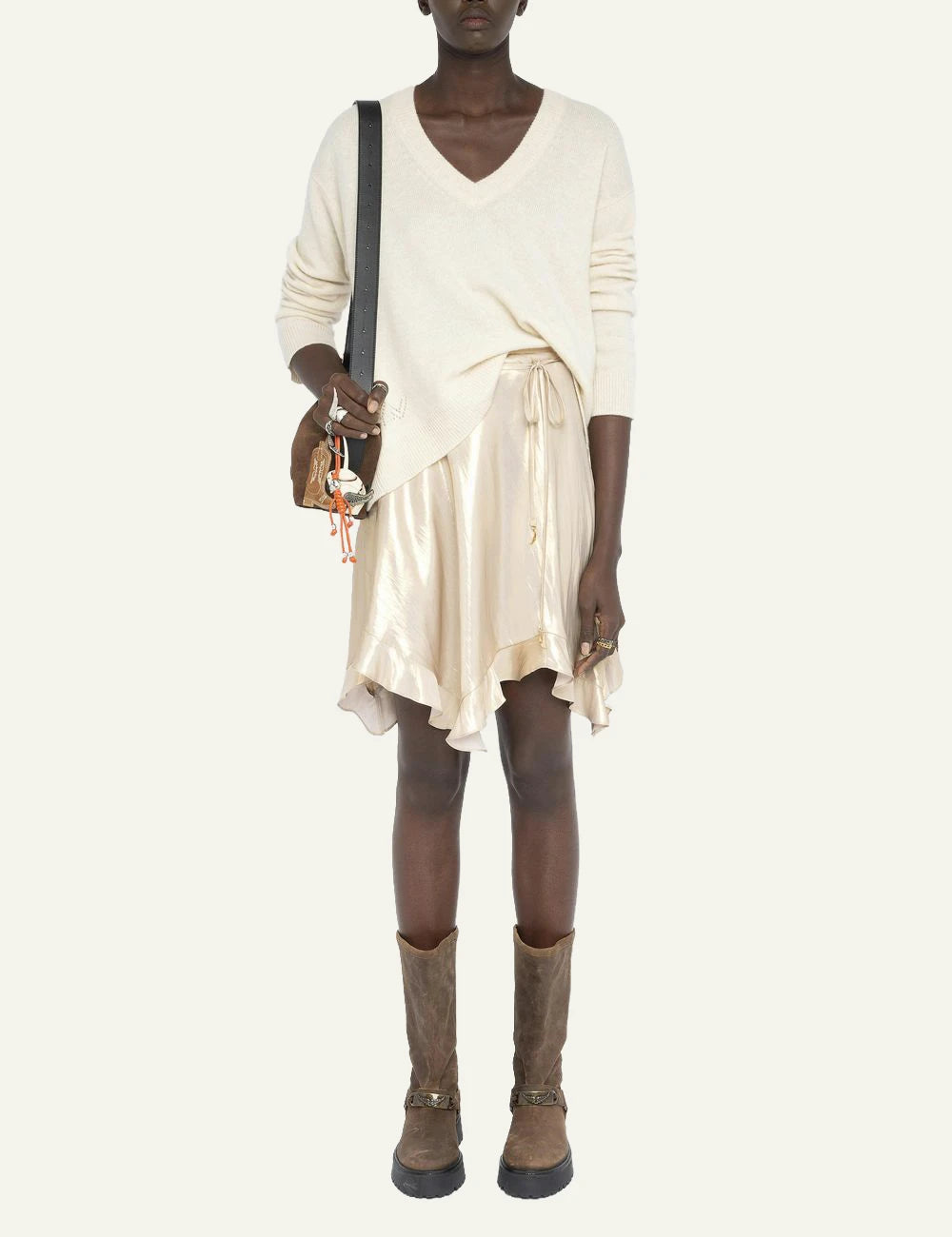 Zadig Voltaire gold satin asymmetric skirt wings belt front full body