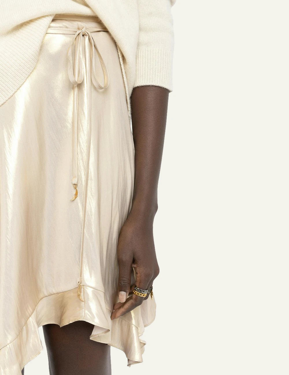 Zadig Voltaire gold satin asymmetric skirt wings belt side detail