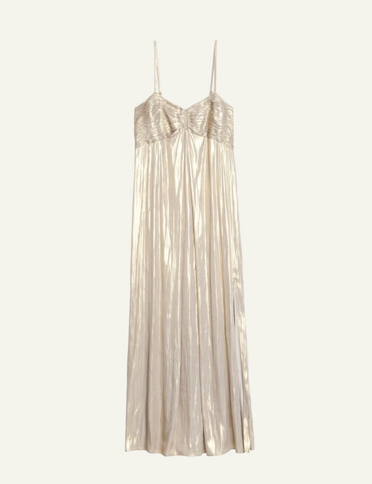 Zadig Voltaire gold satin maxi dress pleated bodice straps front flat