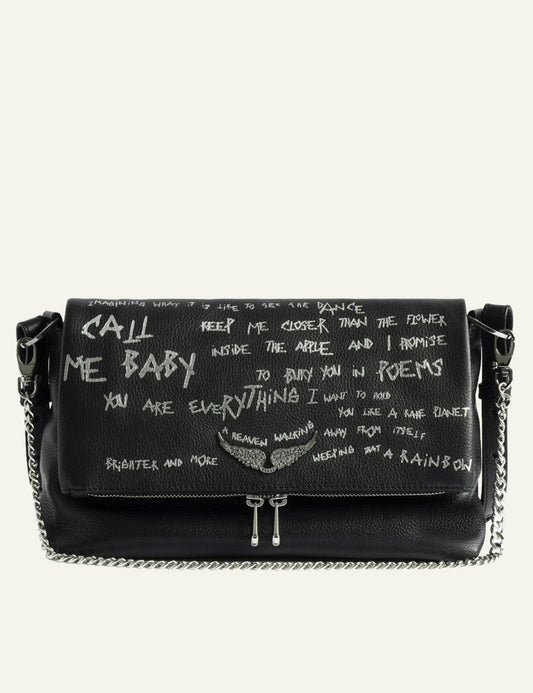 Zadig Voltaire grained leather bag black graffiti print wings front view