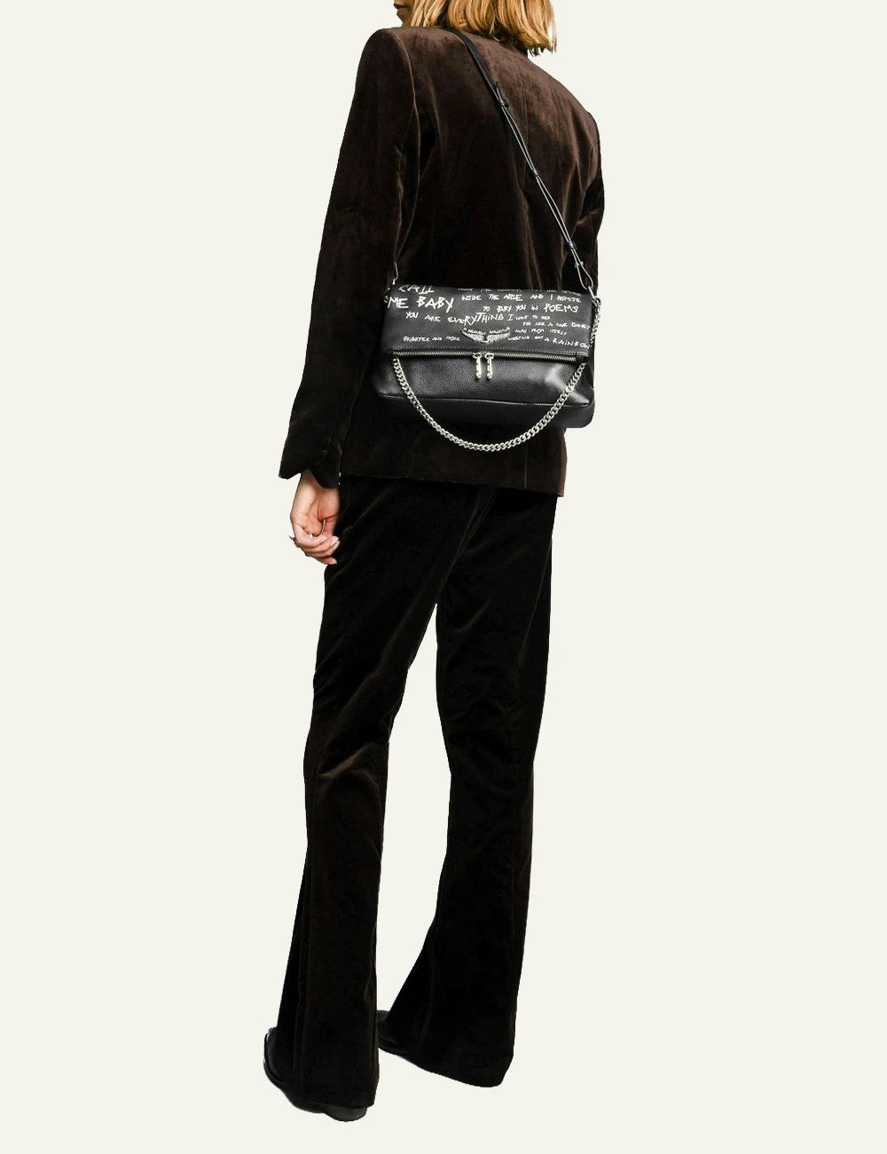 Zadig Voltaire grained leather bag black graffiti print wings front model view